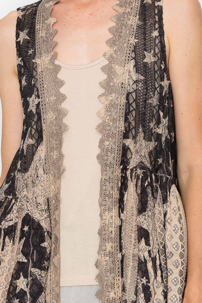Flowy High-Low Lace Boho Duster Vest-U013 TAUPE/BK STAR
