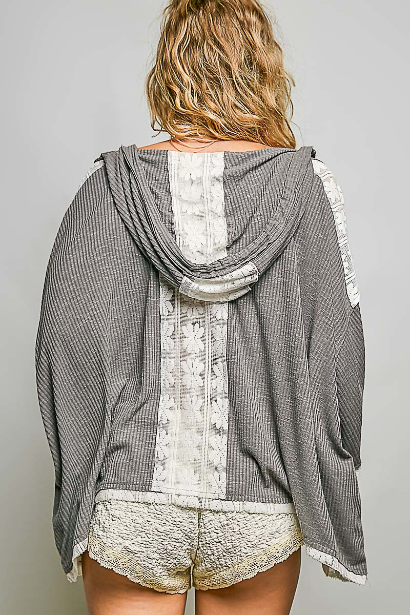 VNeck Hoodie Top w/ Lace - Grey