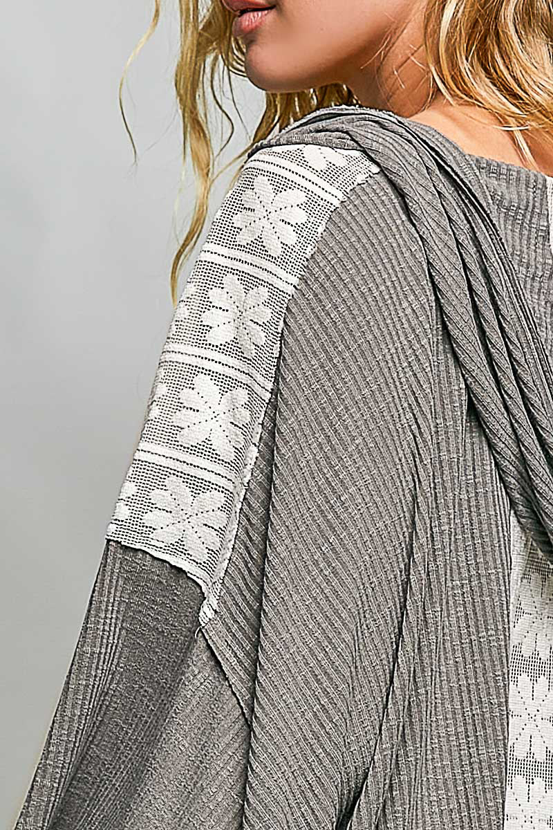 VNeck Hoodie Top w/ Lace - Grey