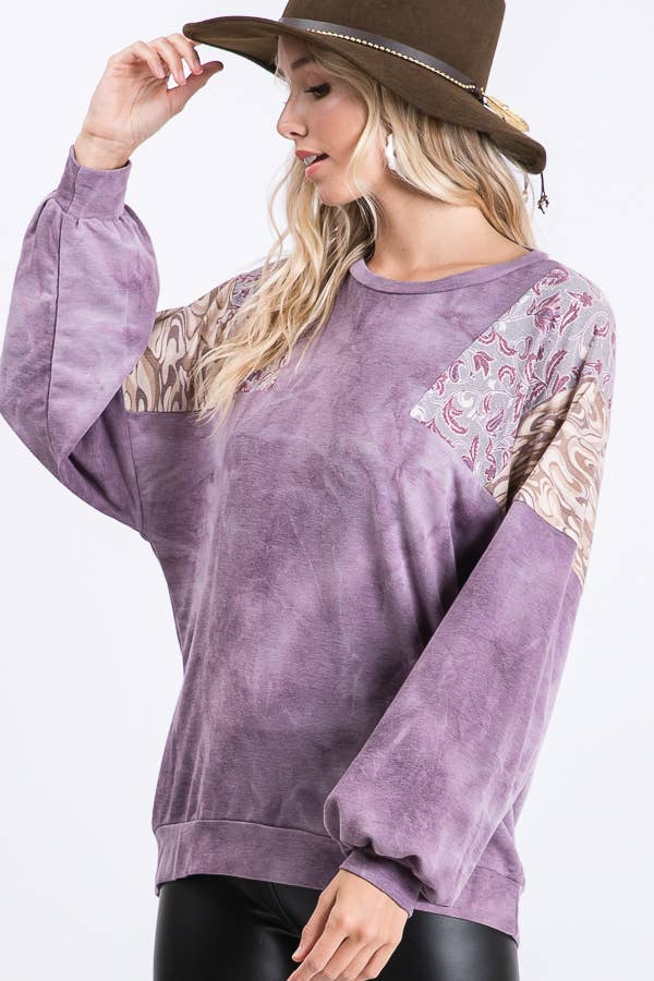 Tie Dye Bishop Sleeve Top: Purple