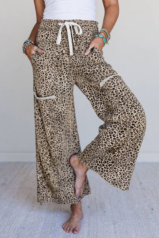 Leopard Animal Print Wide Leg Terry Knit Pants: Khaki