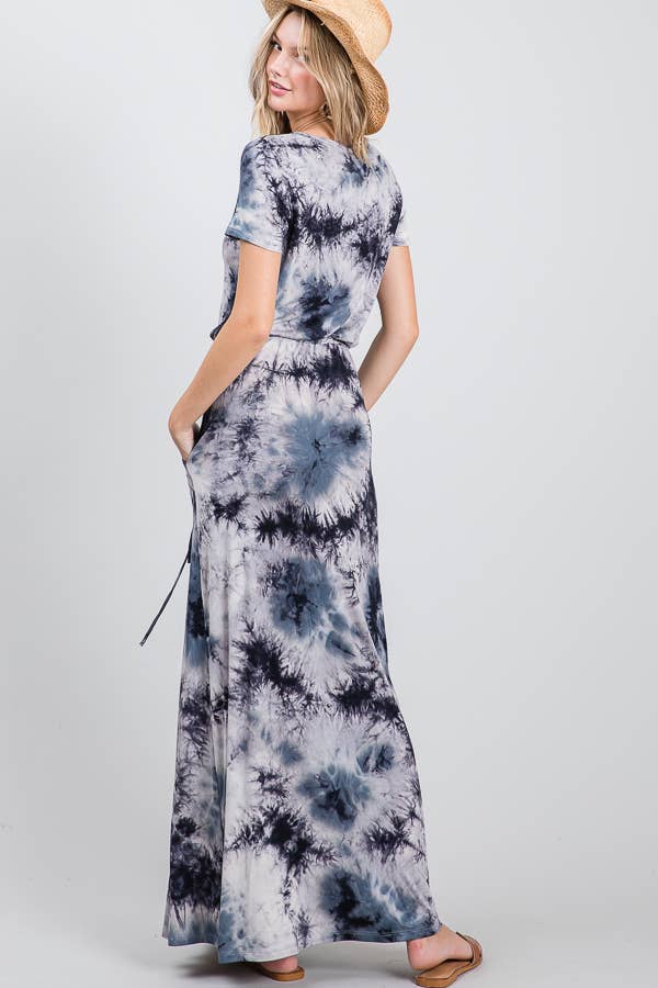Casual Tie Dye Drawstring Waist Short Sleeve Maxi Dress: Charcoal / Blue