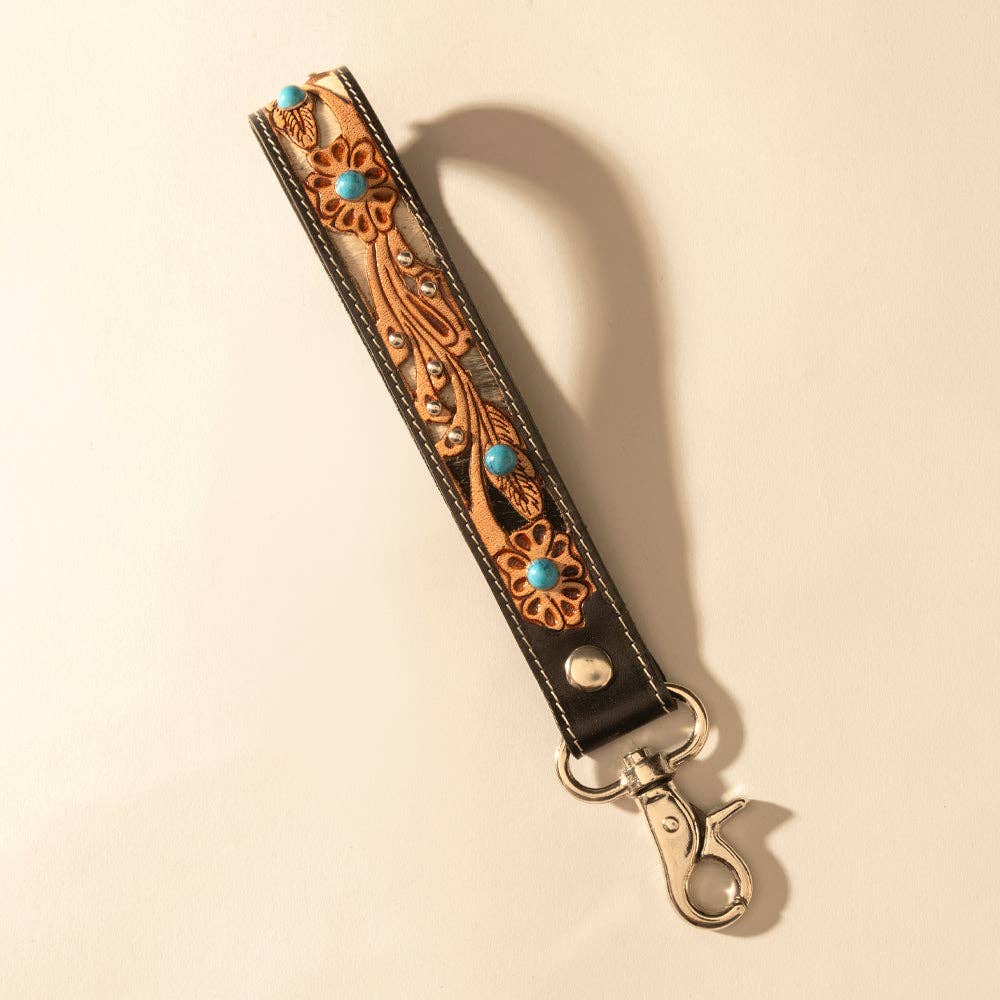 River Glen Handtooled Hairon Leather Key Fob Black/Brown/Turquoise