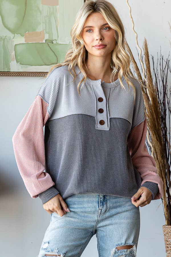 Color Block Button Front Top: Charcoal