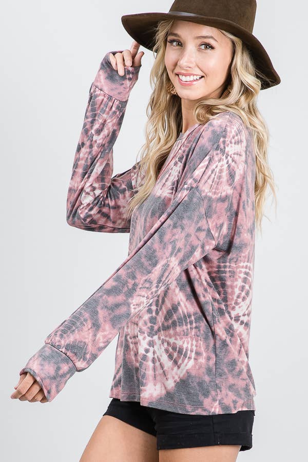Tie Dye V-Seam Drop Shoulder Long Sleeve Top  Marsala