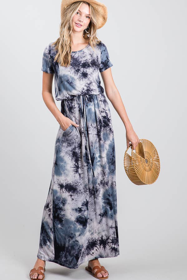 Casual Tie Dye Drawstring Waist Short Sleeve Maxi Dress: Charcoal / Blue