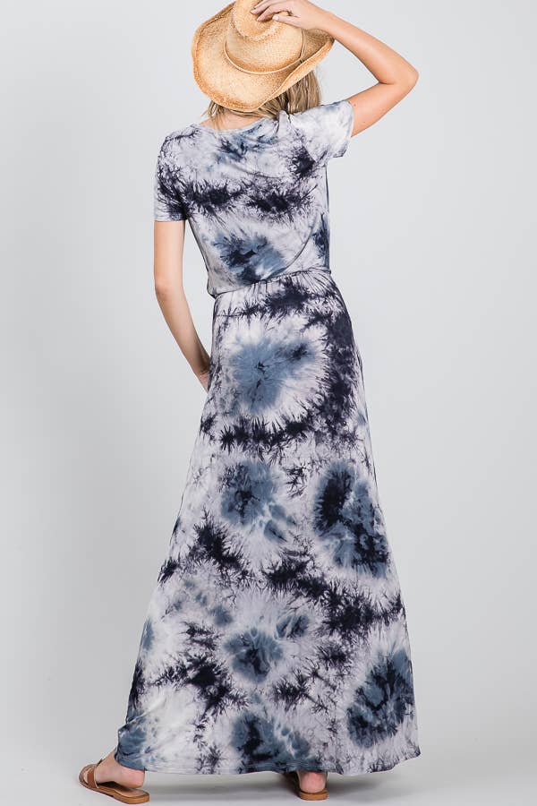 Casual Tie Dye Drawstring Waist Short Sleeve Maxi Dress: Charcoal / Blue