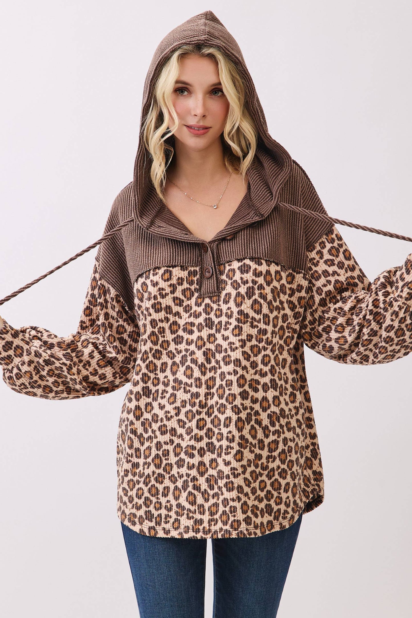Leopard Print Button Front Drawstring Hooded Sweatshirt: Brown