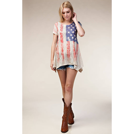 FLAG PRINTED RHINESTONE TUNIC TOP: OATMEAL