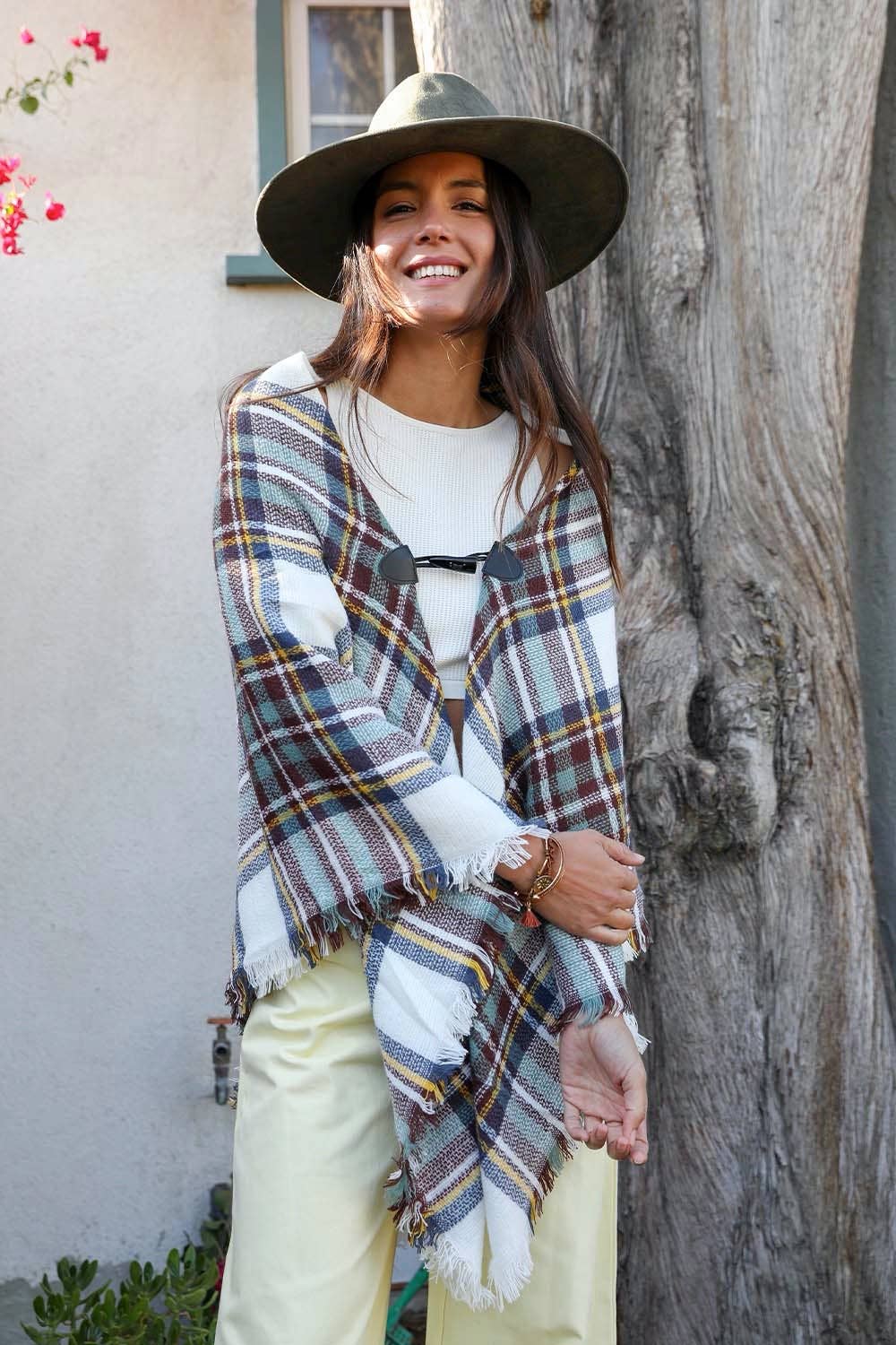 Classic Flannel Poncho with Toggle Closure: White/Brown/Mint