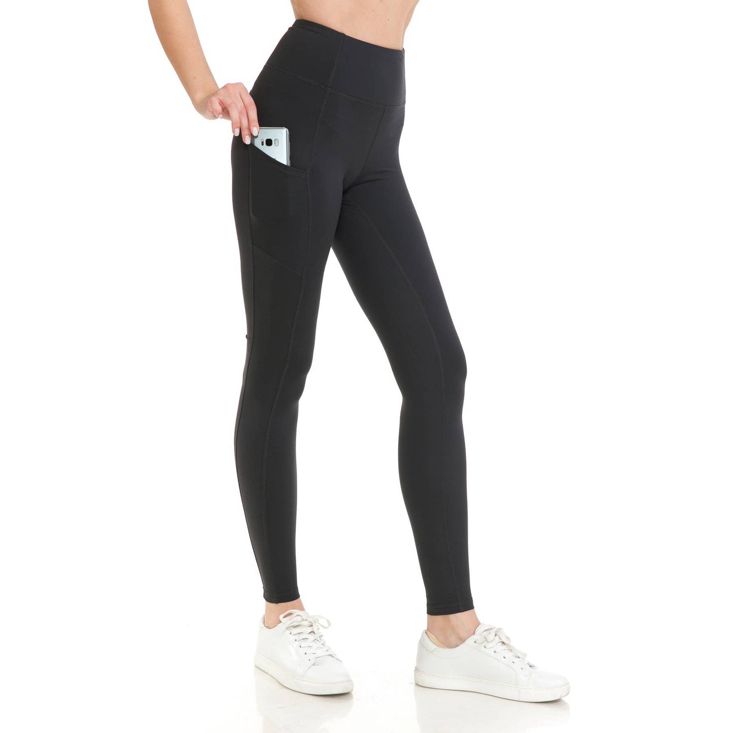 High Waist Activewear Leggings - Side Pockets: Black