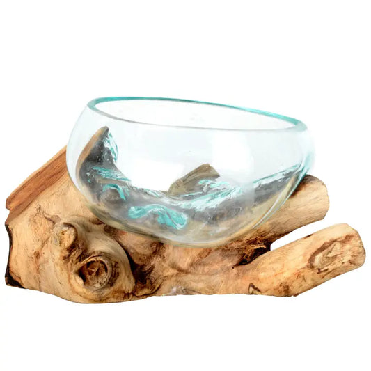 Medium Molten Glass Bowl with Natural Wood