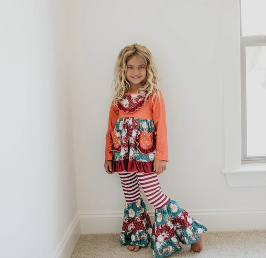 Boho Floral Ruffle Pocket Bell Bottom 2 Piece Set Size 10/12