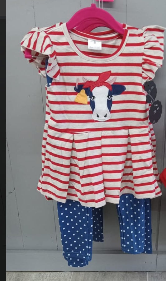 Cow 2 Piece Set  Red White Blue Size 4