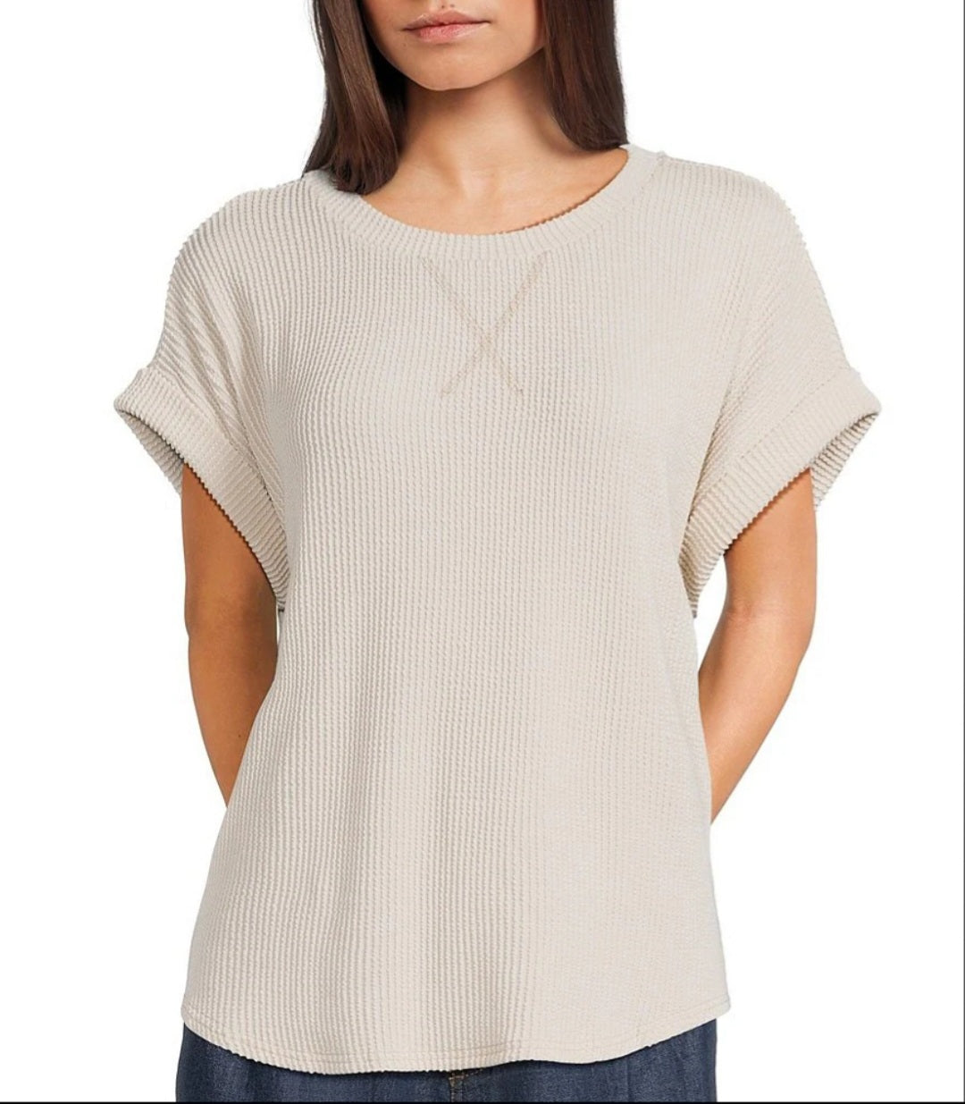 Textured Ribbed Short Sleeve Top - Beige