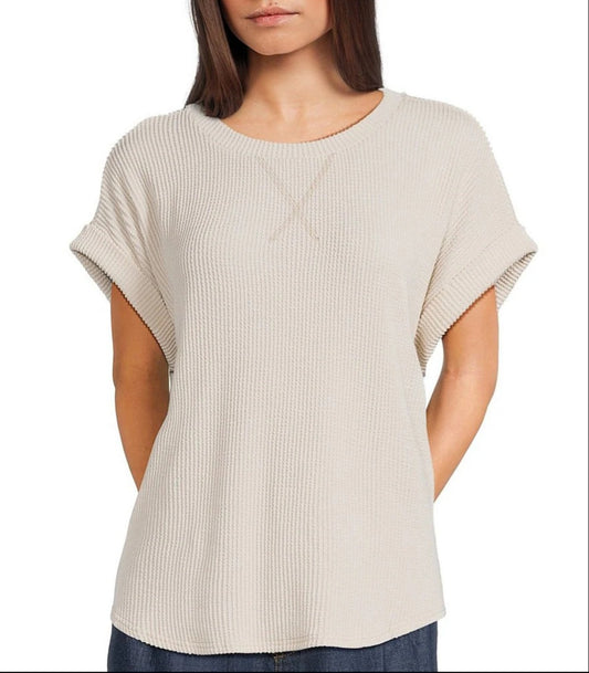 Textured Ribbed Short Sleeve Top - Beige