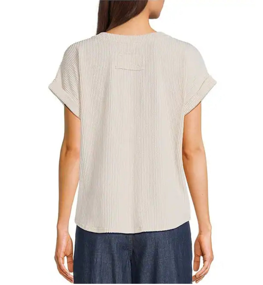 Textured Ribbed Short Sleeve Top - Beige