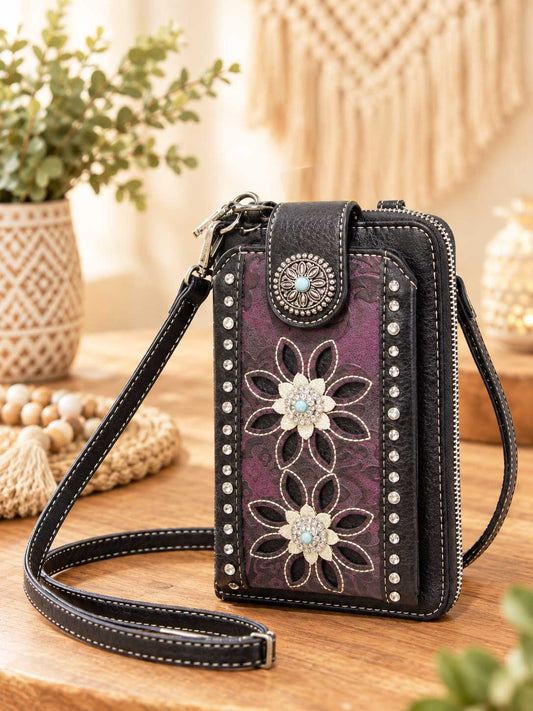 Same floral crossbody wallet shown in purple; this listing is brown