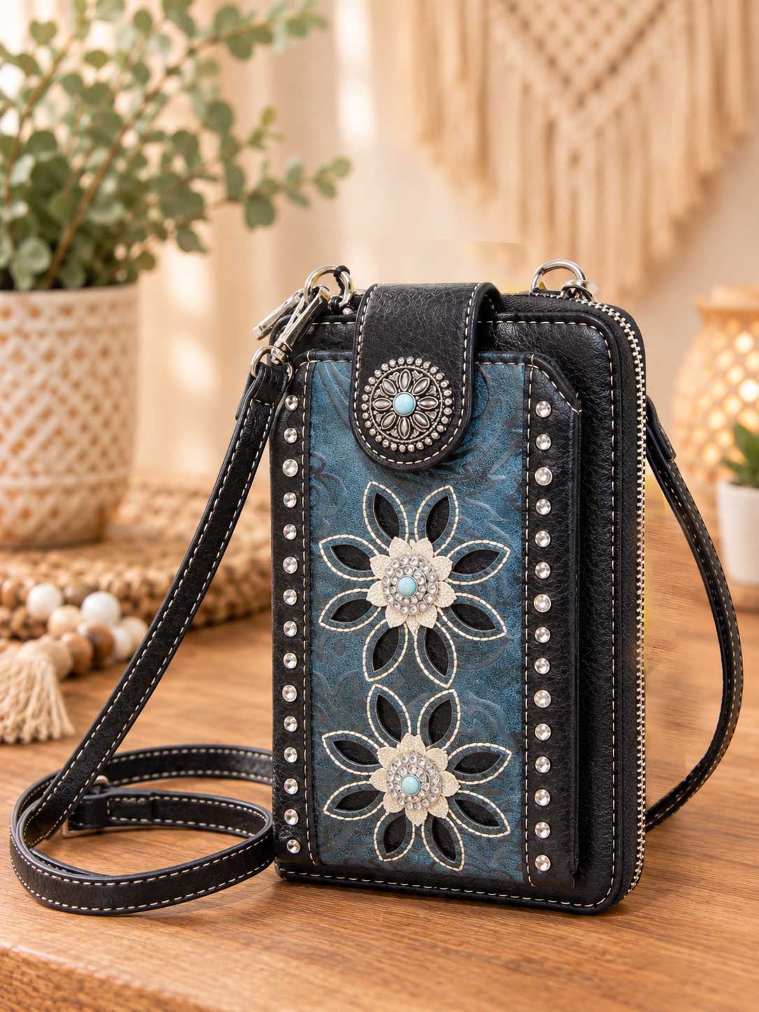 Same floral crossbody wallet shown in teal; this listing is brown