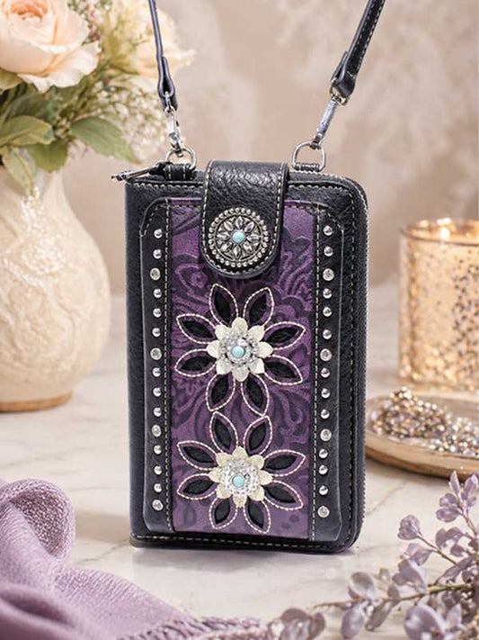 Laser-Cut Floral Crossbody Wallet & Phone Holder - Purple