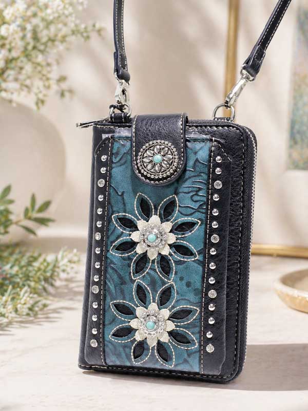 Laser-Cut Floral Crossbody Wallet & Phone Holder - Turquoise