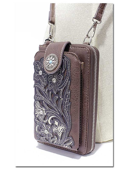 Laser-Cut Floral Crossbody Wallet & Phone Holder - Brown