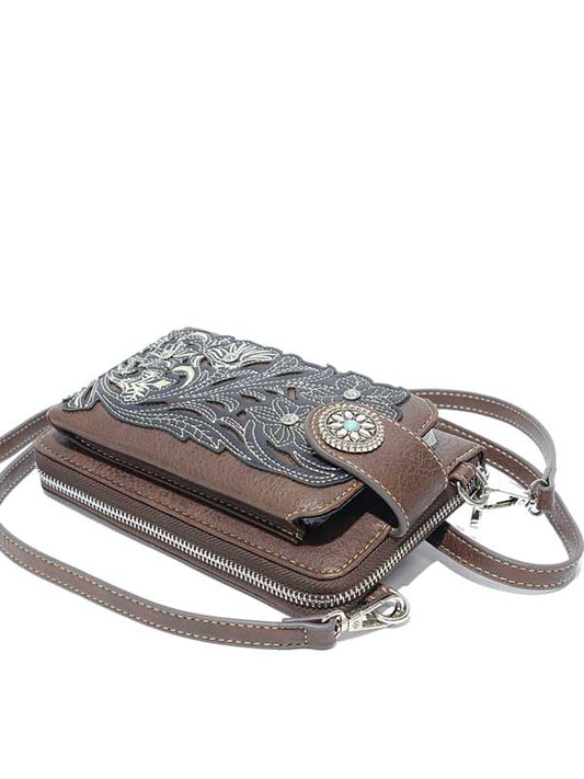 Laser-Cut Floral Crossbody Wallet & Phone Holder - Brown, photo 2 of 4