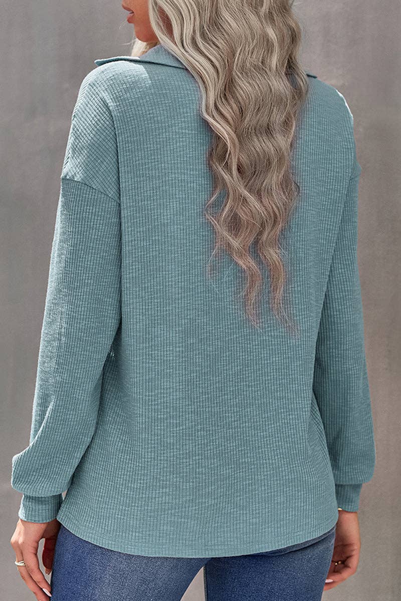 Solid Knit Lapel Half Zip Long Sleeve Pullover