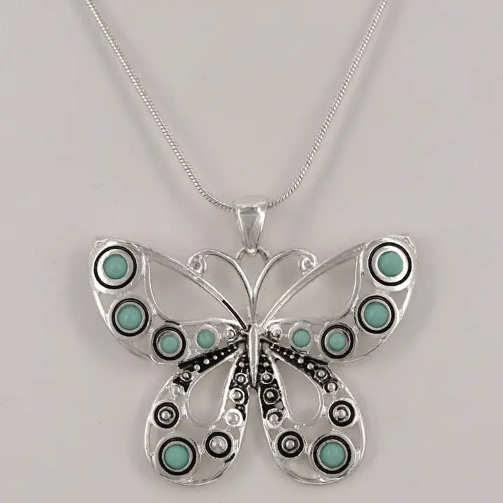 Butterfly Turquoise Bead Metal Pendant Necklace