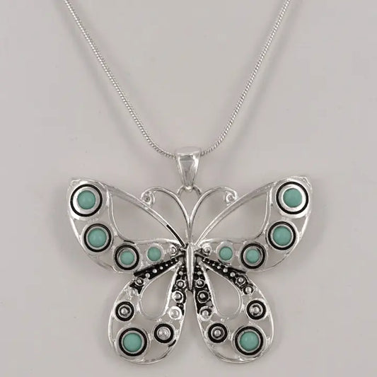 Butterfly Turquoise Bead Metal Pendant Necklace