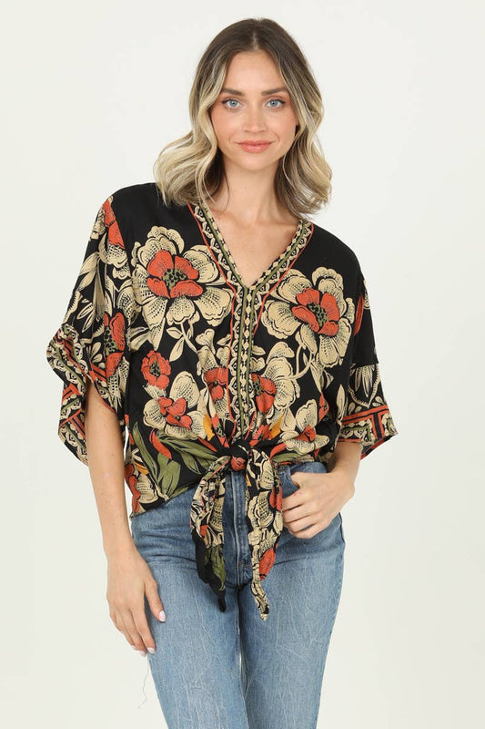 V NECK TIE WAIST KIMONO SLEEVE BLOUSE