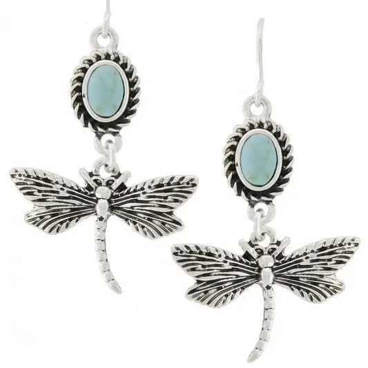 Dragonfly Turquoise Stone Dangle Metal Earrings