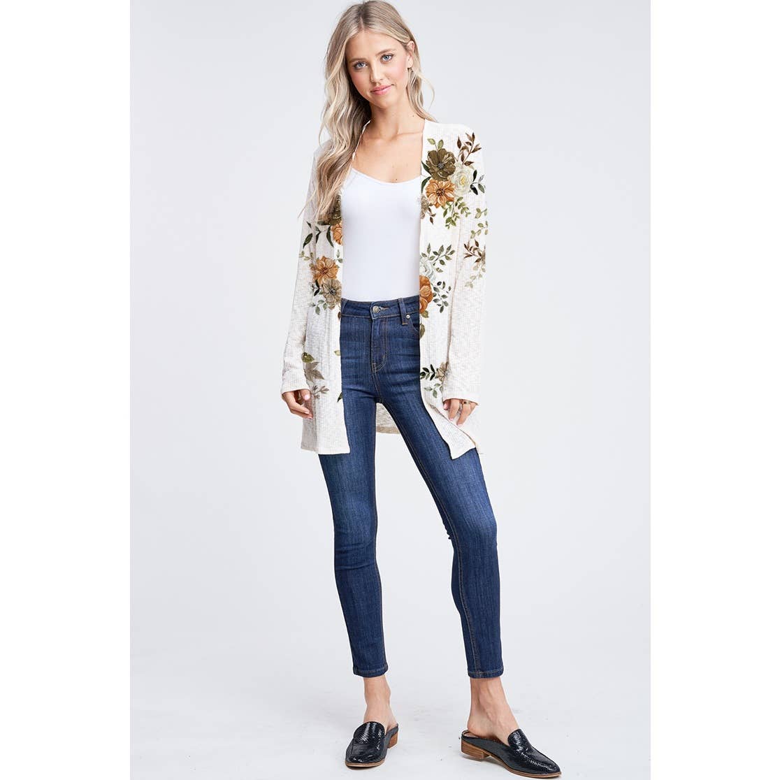 Fall Floral print rib long sleeve cardigan : GREY