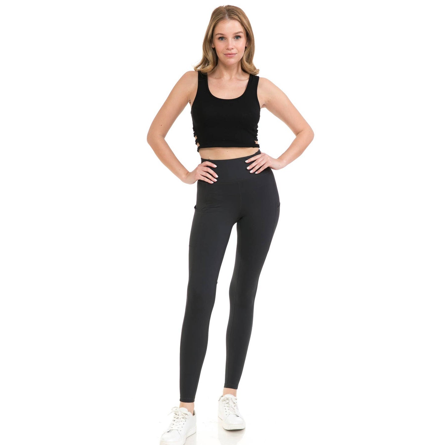 High Waist Activewear Leggings - Side Pockets: Black