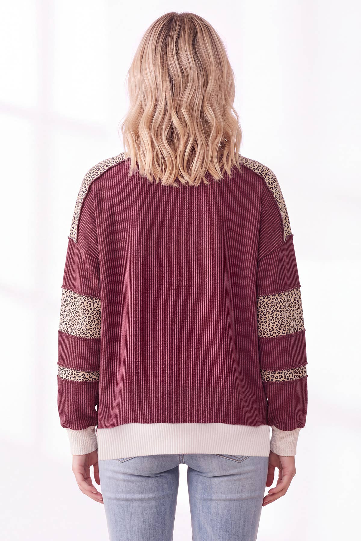 Leopard Print Contrast ribbed Sweatshirt : Burgundy