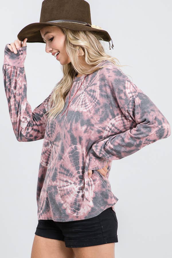 Tie Dye V-Seam Drop Shoulder Long Sleeve Top  Marsala