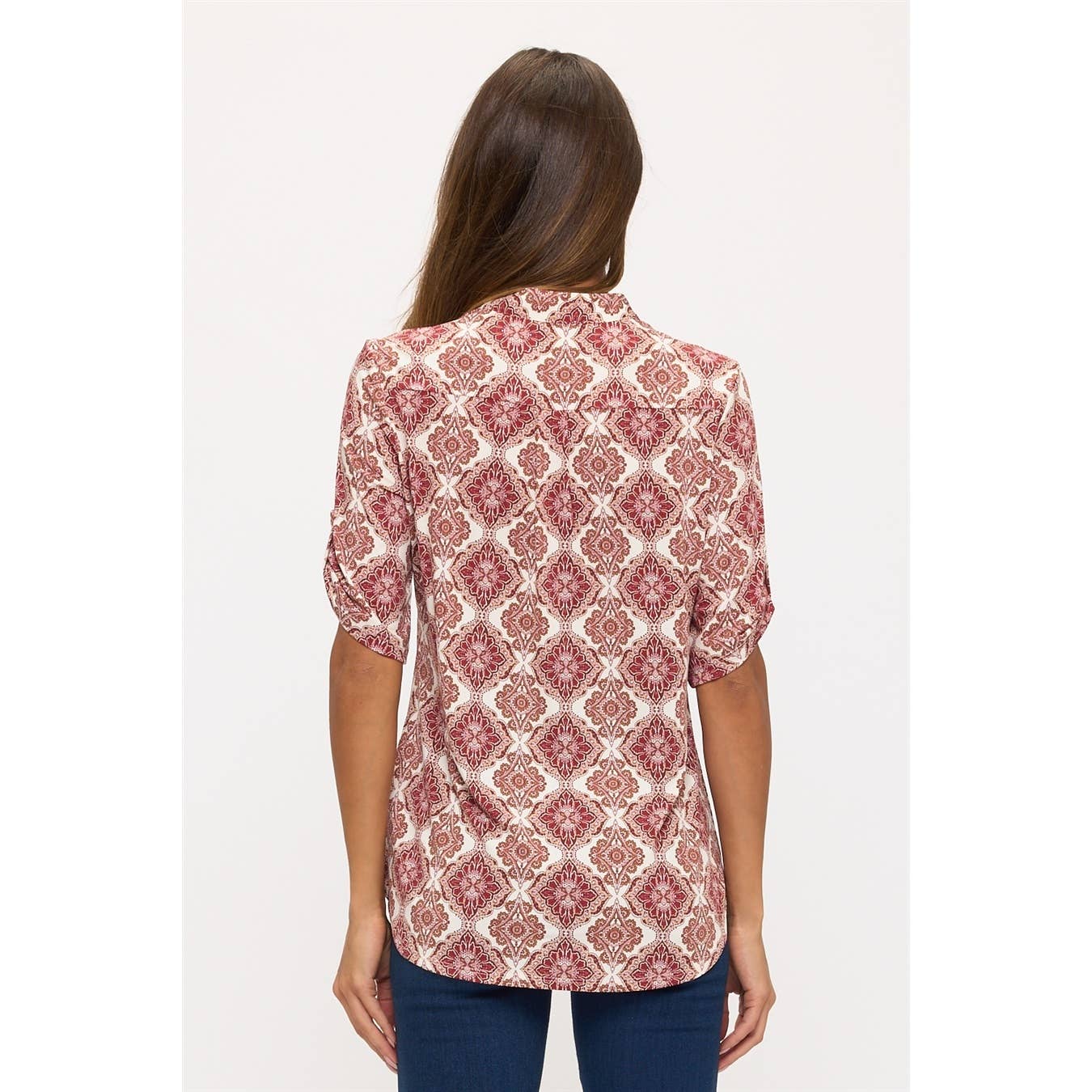 FLORAL MANDARIN HALF PLACKET ROLL TAB SHIRT: IVORY/BURGUNDY/TAUPE