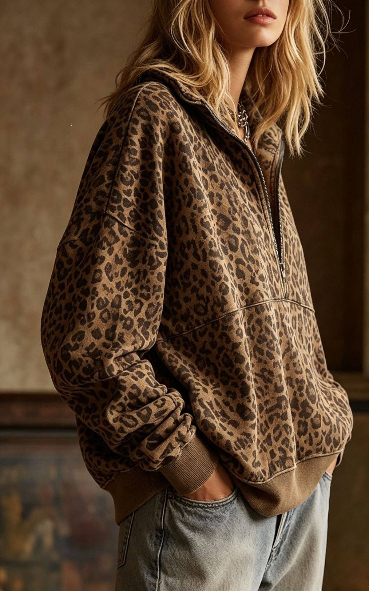 Leopard Print Half Zip Oversized Pullover Sweatshirt: Coffee