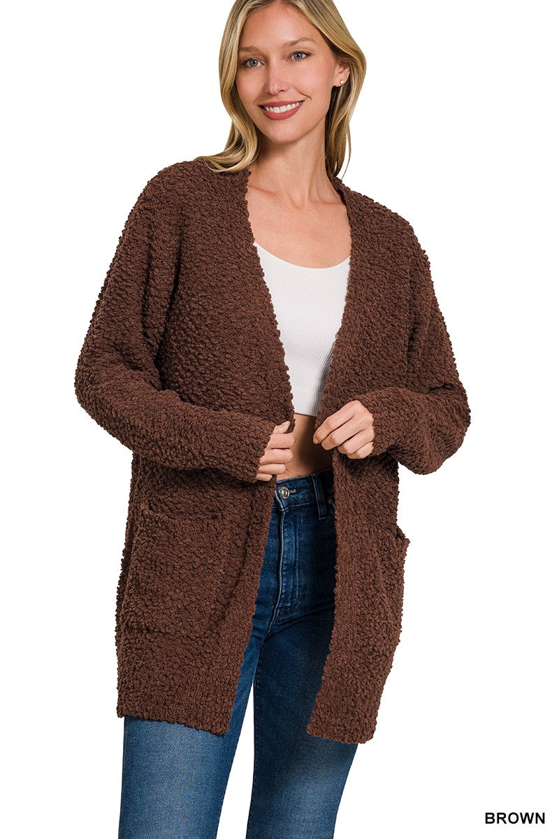 Long Sleeve Popcorn Sweater Cardigan With Pockets - Black