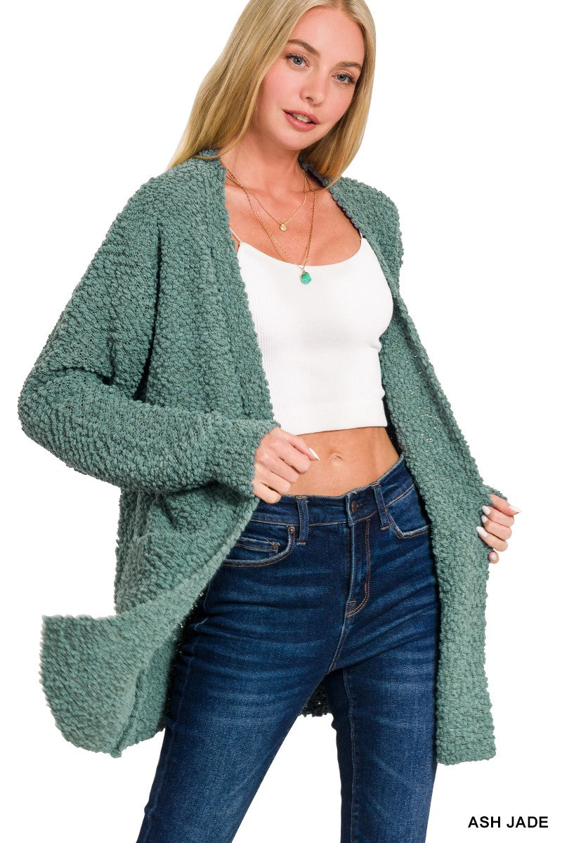 Long Sleeve Popcorn Sweater Cardigan With Pockets - Ash Jade