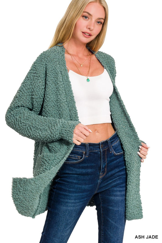 Long Sleeve Popcorn Sweater Cardigan With Pockets - Ash Jade