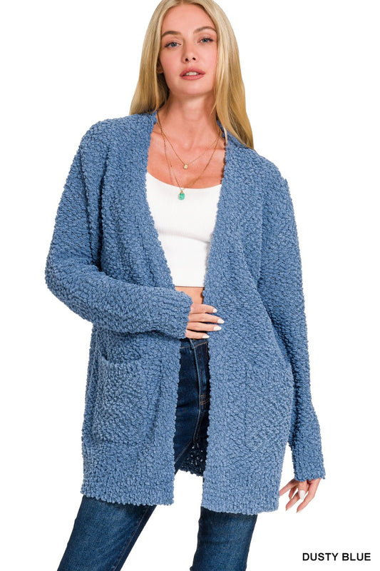 Long Sleeve Popcorn Sweater Cardigan With Pockets - Dusty Blue