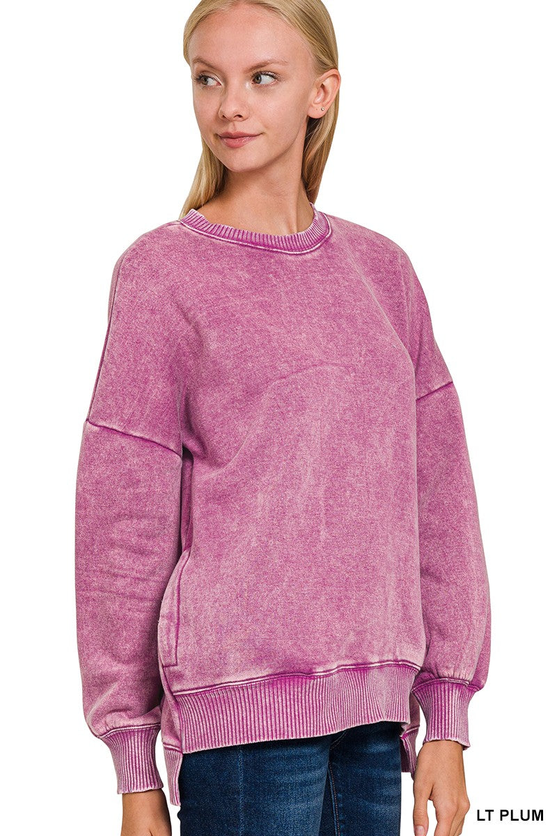 Acid Wash Fleece Hi-low Hem Pullover Lt. Plum