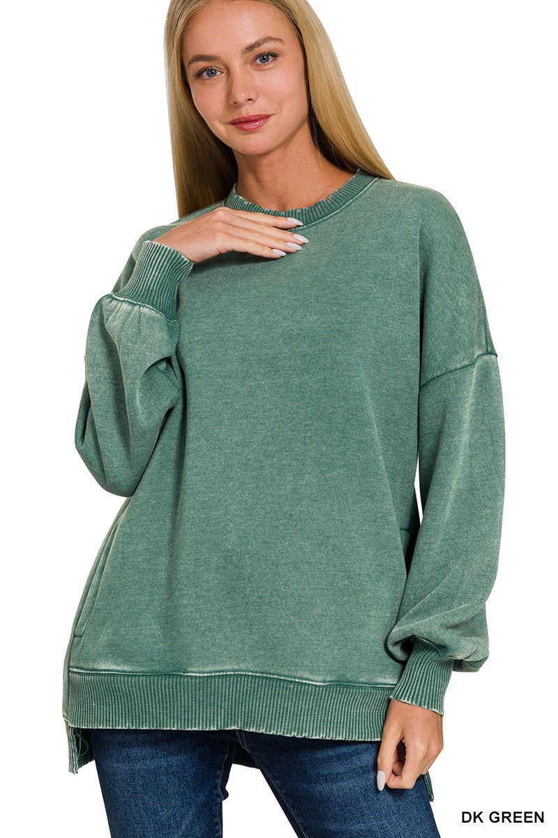 Acid Wash Fleece Hi-Low Hem Pullover - Dark Green