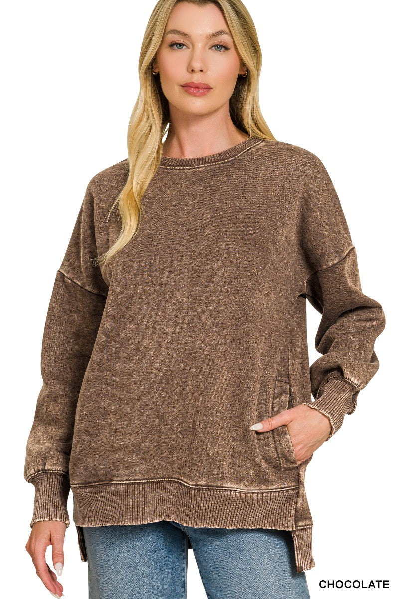 Acid Wash Fleece Palazzo Sweatpants - Chocolate