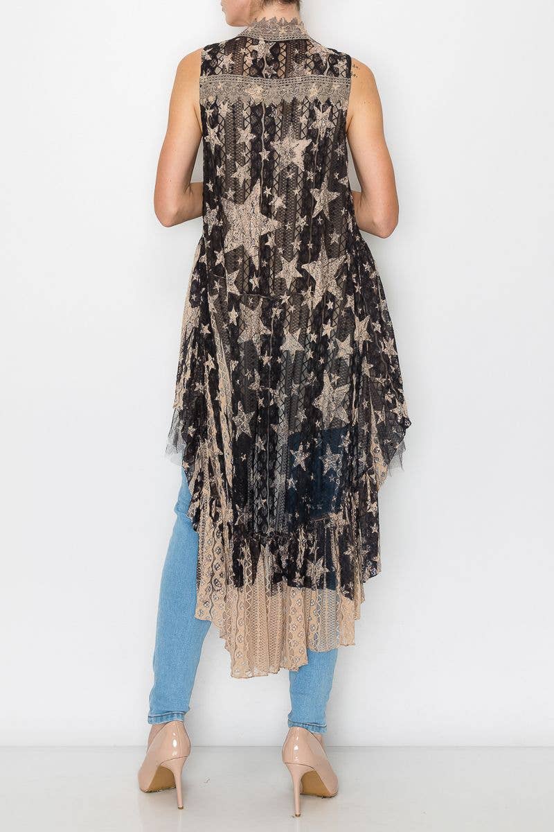 Flowy High-Low Lace Boho Duster Vest-U013 TAUPE/BK STAR
