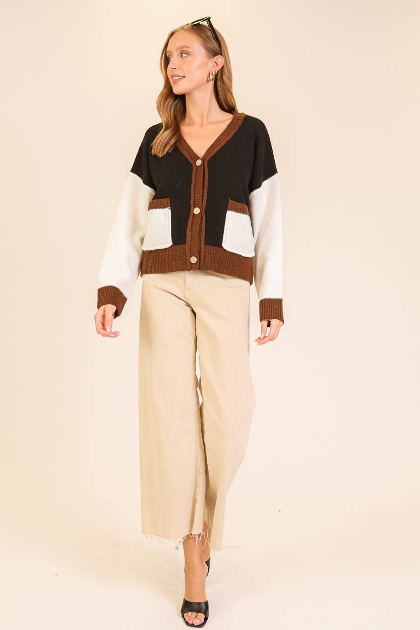 Soft Girl Vibes Color Block Cardigan 2: Black/Mocha/Ivory / S