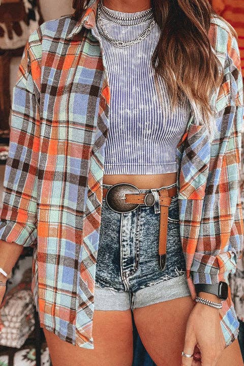 Plus Plaid Buttoned Long Sleeve Shirt: Orange