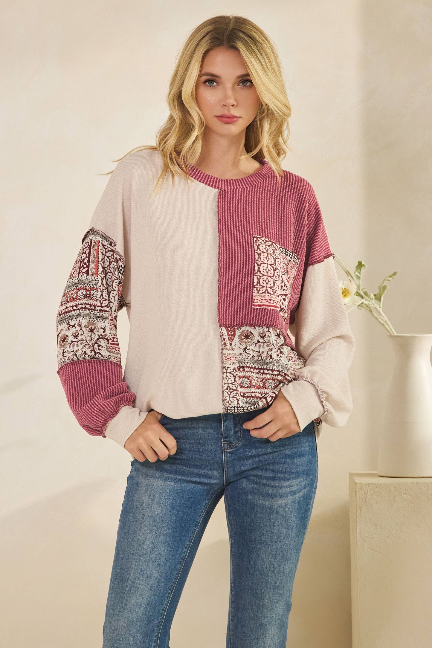 Patchwork Knit Long Sleeve Pullover Top
