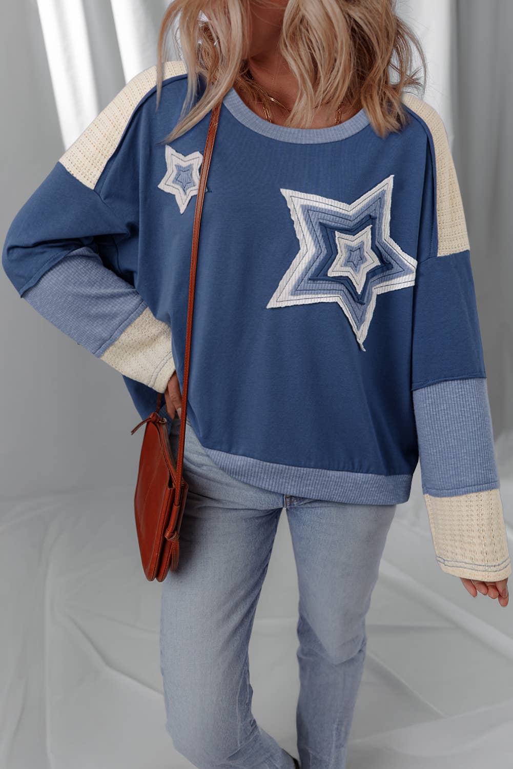 Contrast Knitted Color block Patchwork Star Patched Top: Dark Blue